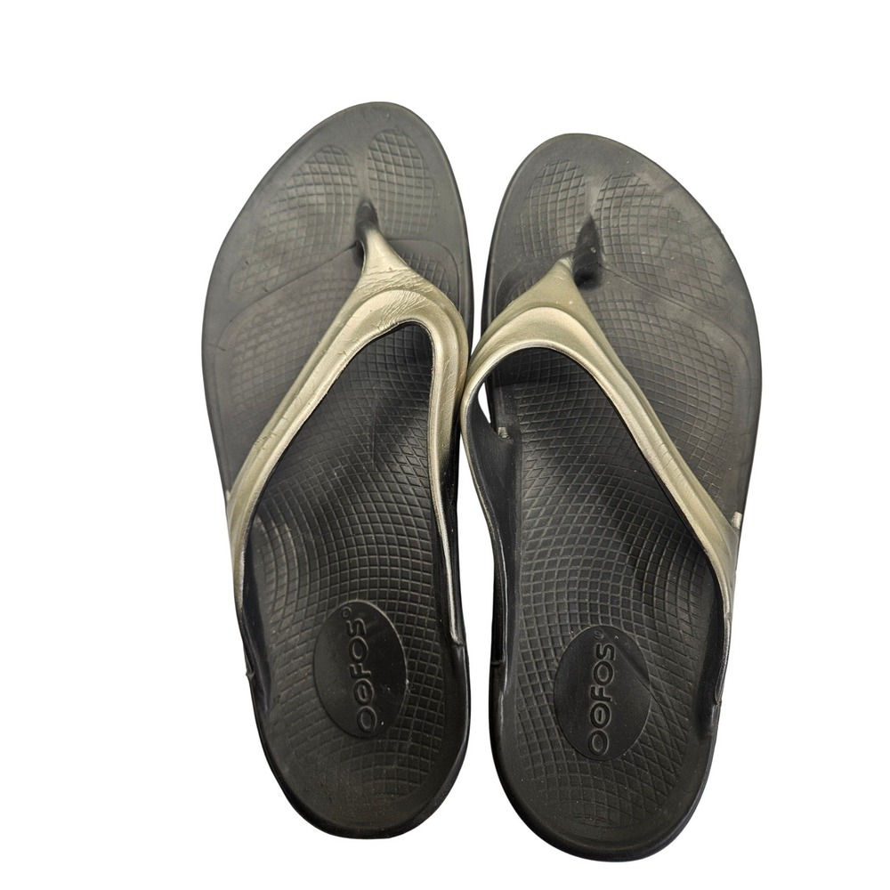 OOFOS Oolala Women's Sz 10 Luxe Black Gold Recovery Thong Sandal #346